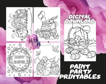 Happy Easter Paint party kit, Sip and Paint Easter Bundle, Easter coloring page, easter predrawn canvas