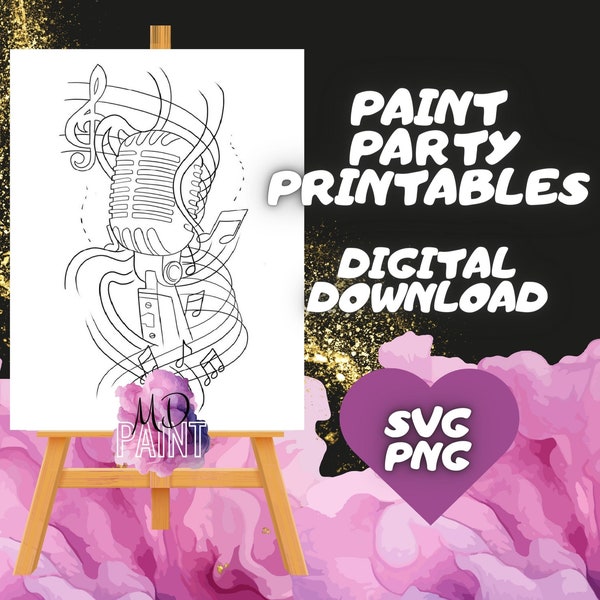 microphone Paint and Sip Diy Paint kits Pre drawn I LOVE MUSIC Painting Pre Sketched Art Party Drawing for canvas. PNG - svg - pdf