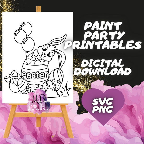 Happy Easter Paint and Sip Easter Diy Paint kits Pre drawn Outline Canvas Painting Pre Sketched Art Party Drawing for canvas PNG - svg