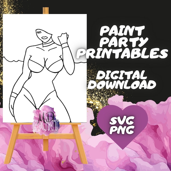 Afro Woman Paint and Sip Diy Paint kits Pre drawn Outline Canvas Adult Painting Pre Sketched Art Party Drawing for canvas. PNG - svg - pdf