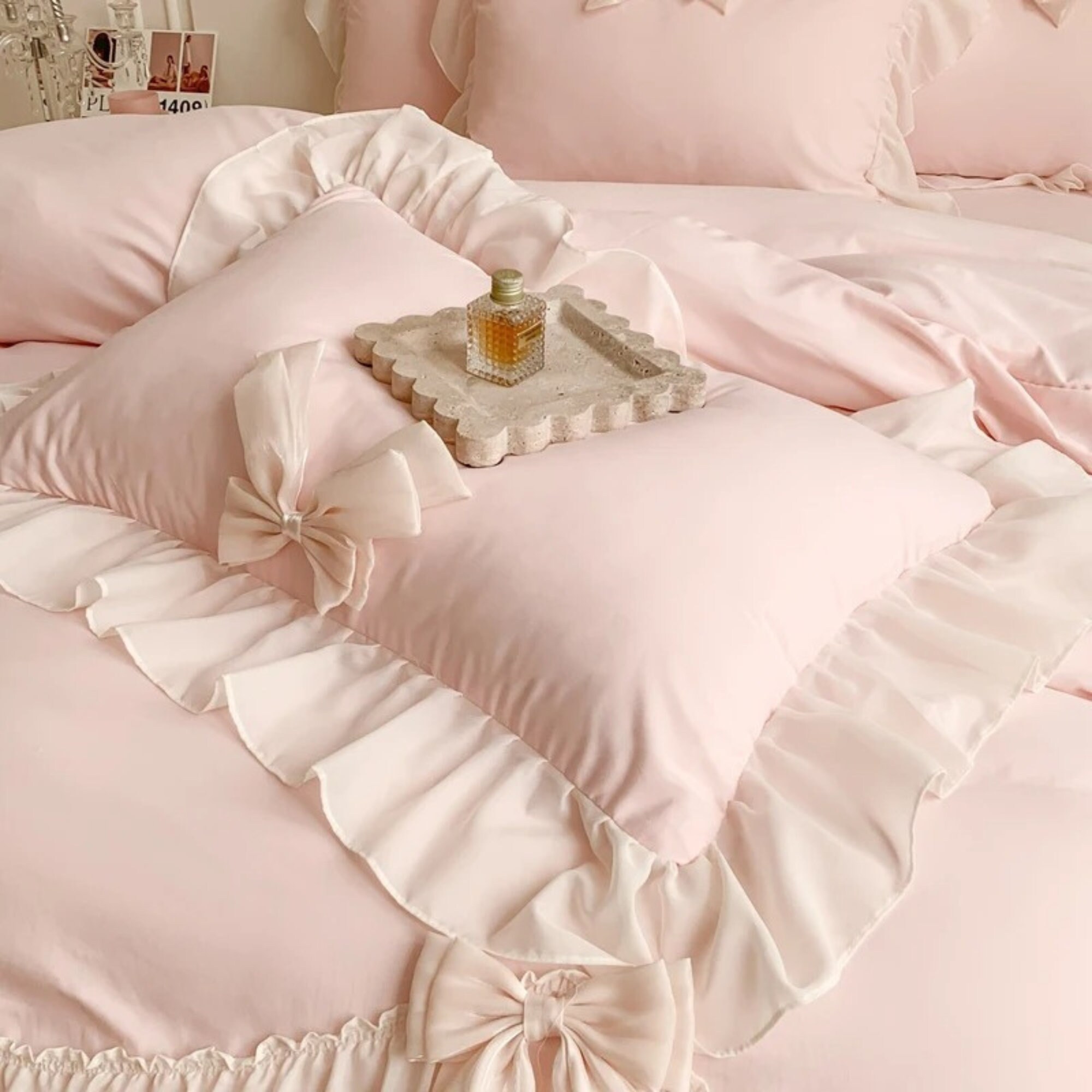 Pink Coquette Bow Bed Set, Chiffon Ruffle Balletcore, Princesscore