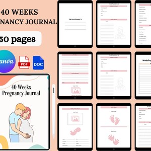 Puede incluir: Un planificador digital para el embarazo con una portada que muestra a una pareja sosteniendo una barriga de embarazada. El planificador incluye 50 páginas y está disponible en los formatos Canva, PDF y DOC. El texto "40 Weeks Pregnancy Journal" se muestra en la portada.