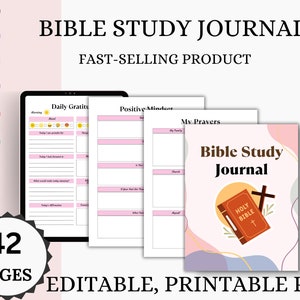 Puede incluir: Un diario de estudio bíblico imprimible de 42 páginas. La portada presenta una Biblia cerrada con una cruz en la parte superior, rodeada de formas abstractas de color rosa y morado. El texto "Bible Study Journal" está en negrita, en color negro.