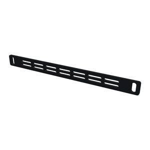 May include: A long, narrow, matte black metal strip featuring a series of horizontal rectangular cutouts along its centre and a single vertical oval slot at each end. The object has a flat, linear profile with rounded corners on the ends.