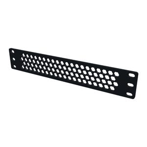 May include: A black rectangular rack mount panel featuring a repeating hexagonal honeycomb pattern across its centre. The panel includes three vertical mounting holes on both the left and right sides for secure installation into a server rack.