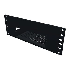 May include: A black metal rack mount shelf featuring a rectangular front panel with four vertical mounting holes on each side and a central rectangular cutout. The base of the shelf includes a series of parallel ventilation slots for airflow.