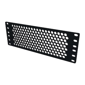 May include: A rectangular black metal rack panel featuring a uniform honeycomb pattern of hexagonal perforations across the centre. The panel includes vertical rows of mounting holes along both the left and right edges for secure installation.