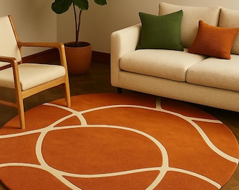 Hand Tufted Round Modern Orange Rug – Bold Geometric Pattern Area Rug, Contemporary Living Room Decor Custom Size Circle Carpet Handmade Rug