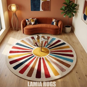 Mid Century Modern Round Rug | Colorful Sunburst Hand Tufted Area Rug | Vibrant Boho Geometric Circle Rug for Living Room | Retro 70s Decor