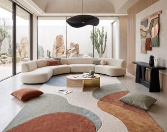 Mid-Century Modern Hand-Tufted Wool Rug - Abstract Organic Shapes - Earth Tones: Terracotta, Sage & Cream - Large Area Rug for Living Room