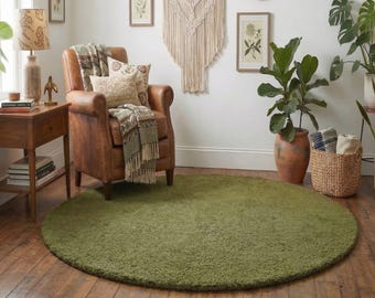 Hand Tufted Round Wool Olive Green Rug | Plush Shag Area Rug |boho