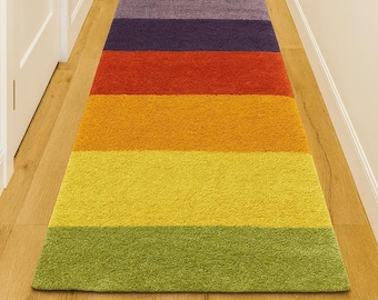 Hand-Tufted Rainbow Runner Rug – Colorful Wool Hallway Carpet, Bright Striped Long Rug Carpet for Entryway, Kids Room, or Living Space