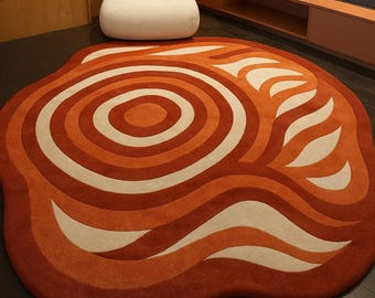 Hand Tufted Wool Rug | Retro Orange Waves, Irregular Shape