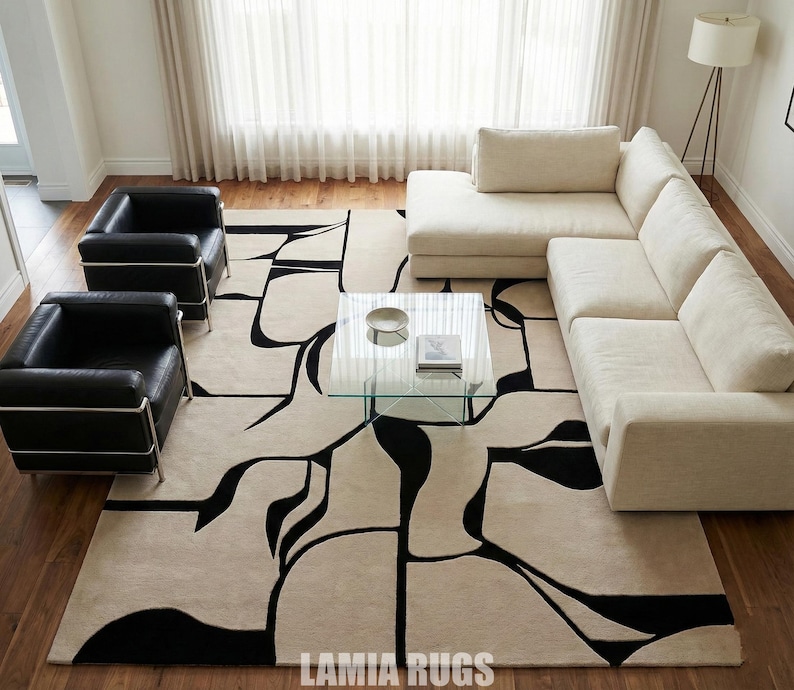 Modern Abstract Hand Tufted Wool Rug, Black Ivory Area Rug ...