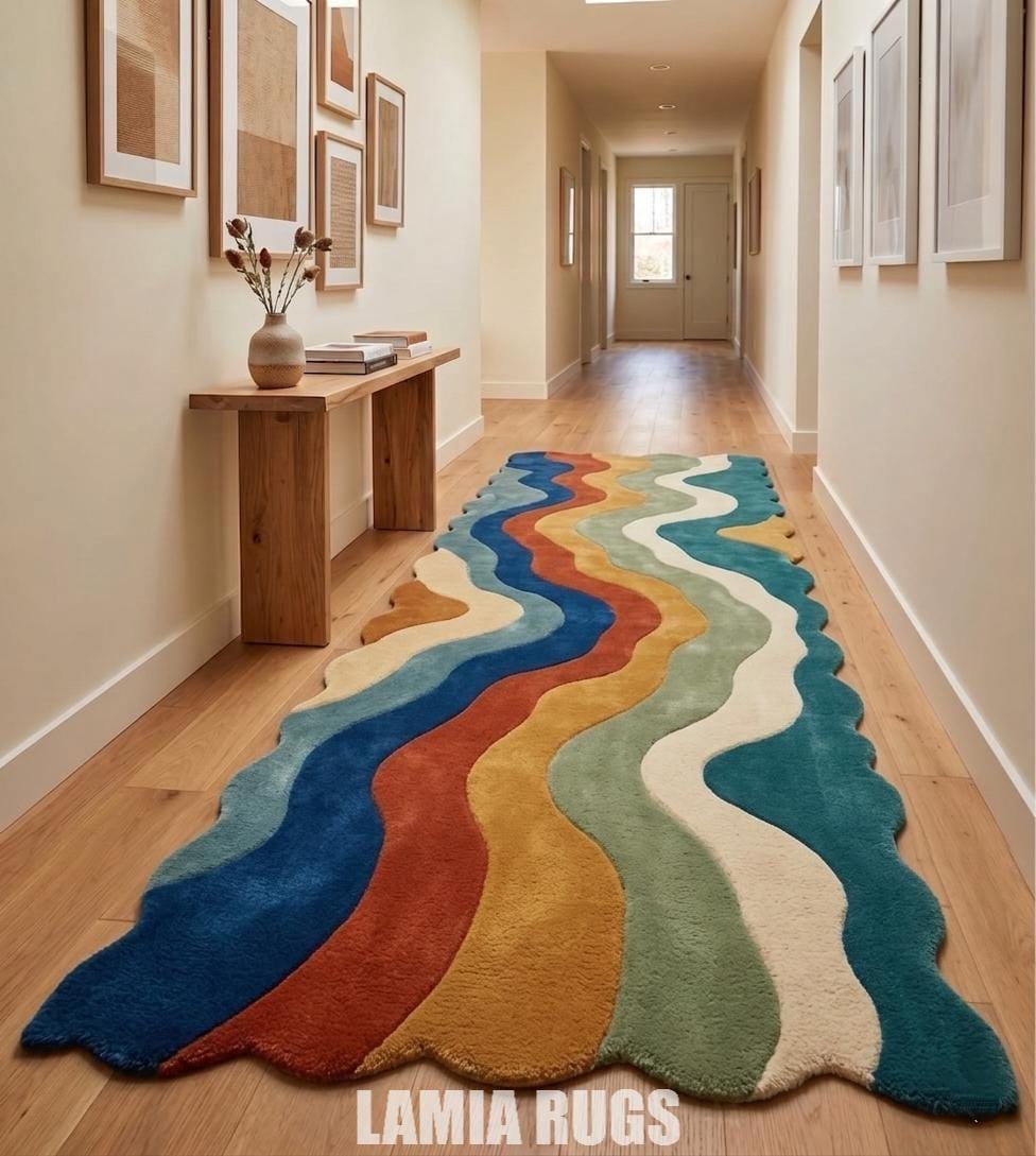 Unique Shape Runner Rug Hand Tufted Wavy Runner Rug | Colorful Squiggly Hallway Carpet | Retro ...