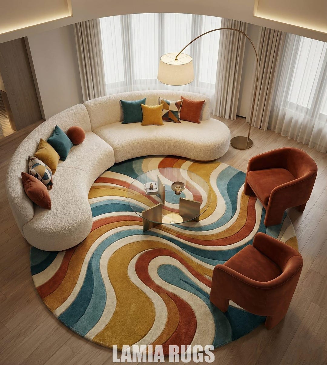 Retro 70s Swirl Round Area Rug | Hand Tufted Wool Rug | Mid Century ...