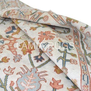 Hand-Knotted Oushak Rug: Cream, Blue & Green Wool Area Rug