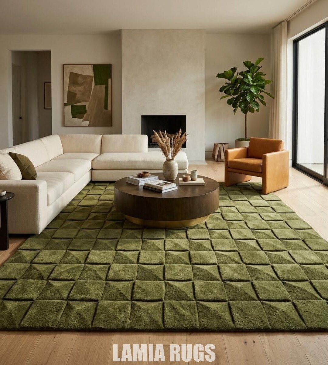 Olive Green Hand Tufted Rug | 3D Geometric Wool Area Rug | Modern ...
