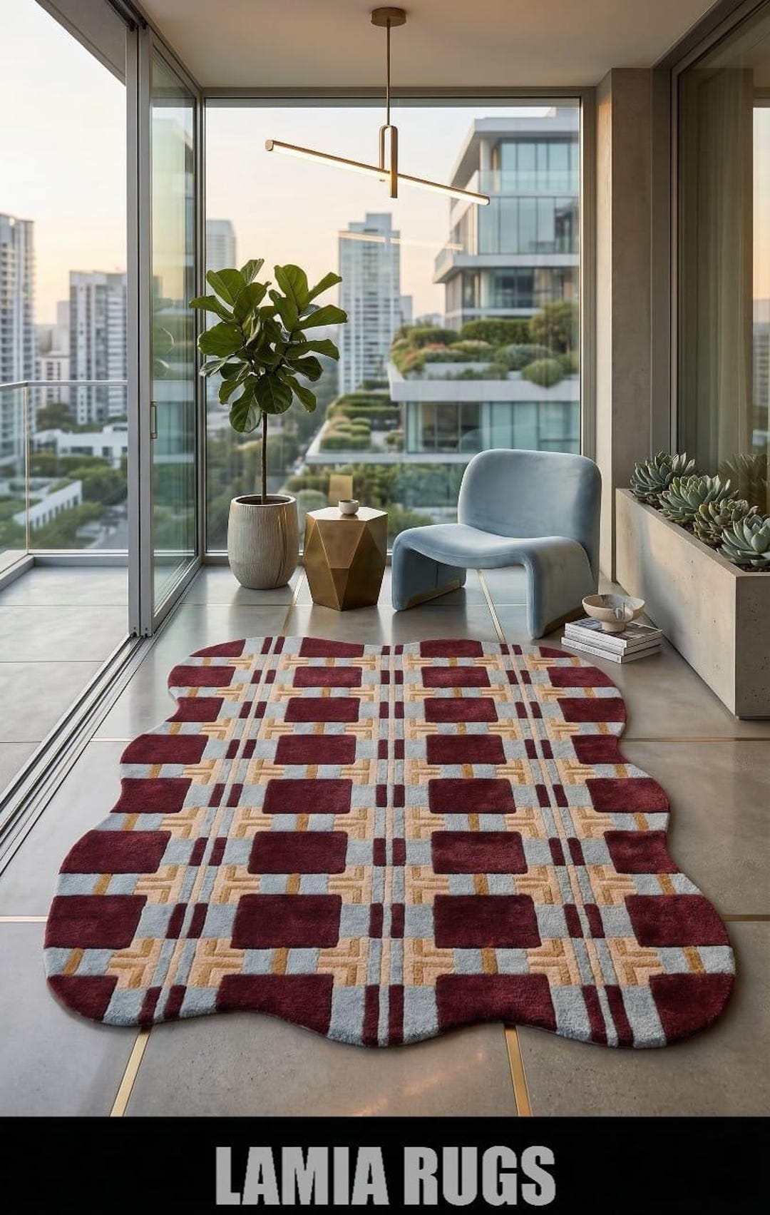 Bugundy Check Rug Wavy Edge Geometric Rug | Hand Tufted Wool Area Rug | Burgundy & Blue ...