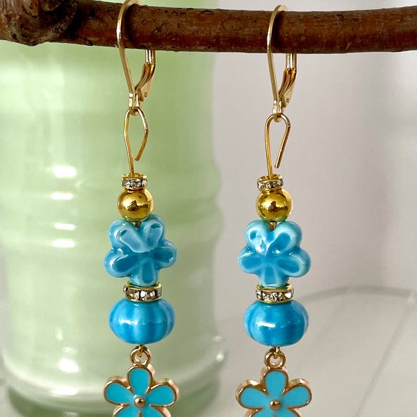 Oorbellen Hangers Keramiek Goud Kralen  Pompoen Bloem Aqua Blauw Hangers Zelfgemaakt Handgemaakt Samengesteld Juwelen Sieraden