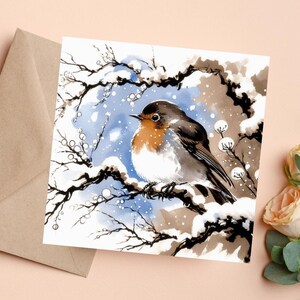 Carte imprimable, téléchargement immédiat, téléchargement numérique, carte téléchargeable, carte de voeux, rouge-gorge, oiseau, hiver, neige, arbre