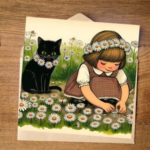 Biglietto stampabile, download immediato, download digitale, biglietto scaricabile, biglietto di auguri, bambina, gatto nero, fiori, margherite