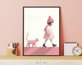 Liten flicka och rosa katt – Utskrivbar väggkonst (digital nedladdning)