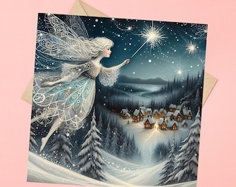 May include: A fairy with iridescent wings flies over a snowy winter village. She holds a glowing sparkler in her hand and is surrounded by stars. The village is lit up with warm lights and the snow is falling softly.