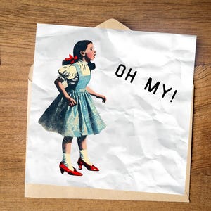 May include: A girl in a blue and white gingham dress with red shoes and a red bow in her hair stands with her mouth open and says "OH MY!"