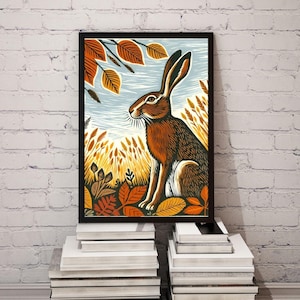 Druckbares Poster, sofortiger Download, digitaler Download, Poster, Bild, digitales Bild, herunterladbares Bild, Hase, Kaninchen, Herbst, Linoldruck