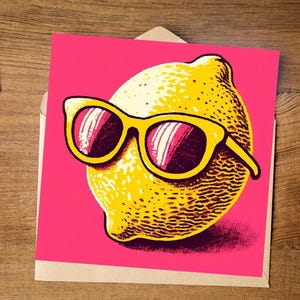 Carte imprimable, téléchargement immédiat, téléchargement numérique, carte téléchargeable, carte de voeux, citron, lunettes de soleil, rose, jaune