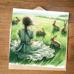 Printable card, instant download, digital download, downloadable card, greeting card, hares, rabbits, field, green field, girl with braid