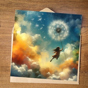 Puede incluir: Una niña con un vestido marrón sostiene una gran cabeza de semillas de diente de león, flotando en un cielo lleno de nubes blancas y esponjosas. El fondo es una mezcla vibrante de amarillo, naranja y azul.