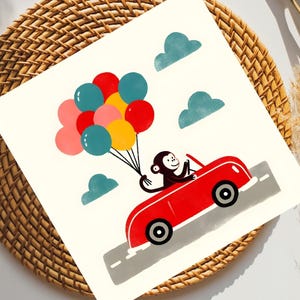 Afdrukbare kaart, instant download, digitale download, downloadbare kaart, wenskaart, aap, auto, rijbewijs, ballonnen