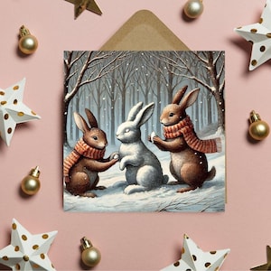 Rabbits Making a Snow Bunny - Printable card (Digital Download)