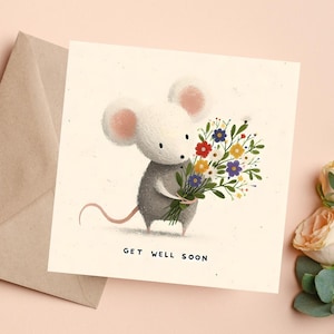 Carte imprimable, téléchargement instantané, téléchargement numérique, carte téléchargeable, carte de vœux, guérissez-vous bientôt, souris, fleurs, guérissez-vous bientôt, maladie