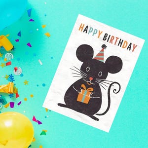 Mouse with Party Hat and Present, Happy Birthday - Printable card (Digital Download)