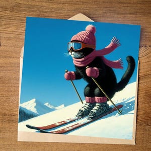 Carte imprimable, téléchargement immédiat, téléchargement numérique, carte téléchargeable, carte de voeux, chat, chat noir, ski, skis, hiver, sports d'hiver