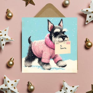 Afdrukbare kaart, instant download, digitale download, downloadbare kaart, wenskaart, kerstkaart, Schnauzer-hond, postkaart naar kerstman