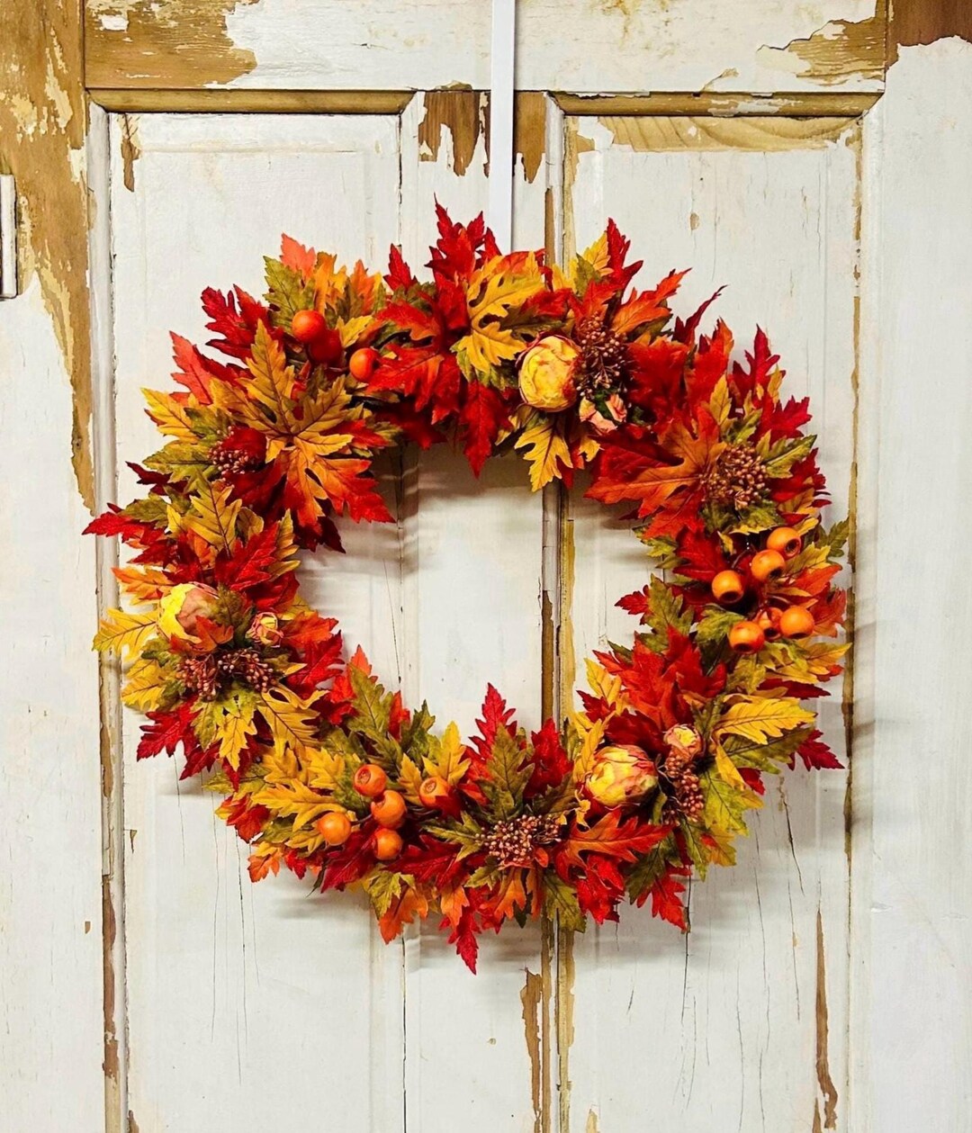 Fall Maple Leaf Wreath With Peonies and Orange Berries, Autumn Harvest ...