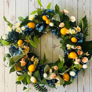 Spring Lemon Wreath, Summer Navy Blue Hydrangea Wreath, All Season, Front Door Decor, Housewarming gift, Peach and white flowers and poms,