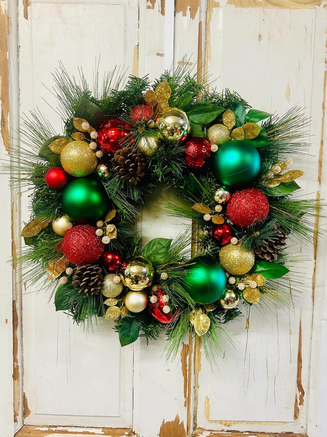 Vibrant Red Green and Gold Ornament Christmas Wreath, Festive Holiday ...