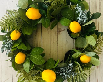 Summer Lemon Blueberry Wreath, Spring Eucalyptus Wreath, All Season, Front Door Decor, Housewarming gift, Everyday Wreath. Yellow Citris