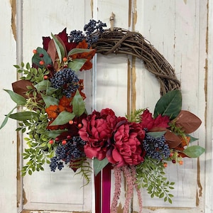 Moody Burgundy Peony Fall Wreath: Rustic Farmhouse Front Door Decor
