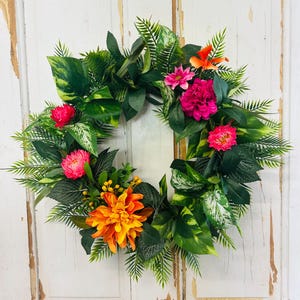 Tropical Floral Wreath: Orange Dahlia, Fuchsia Flowers, Summer Door Decor