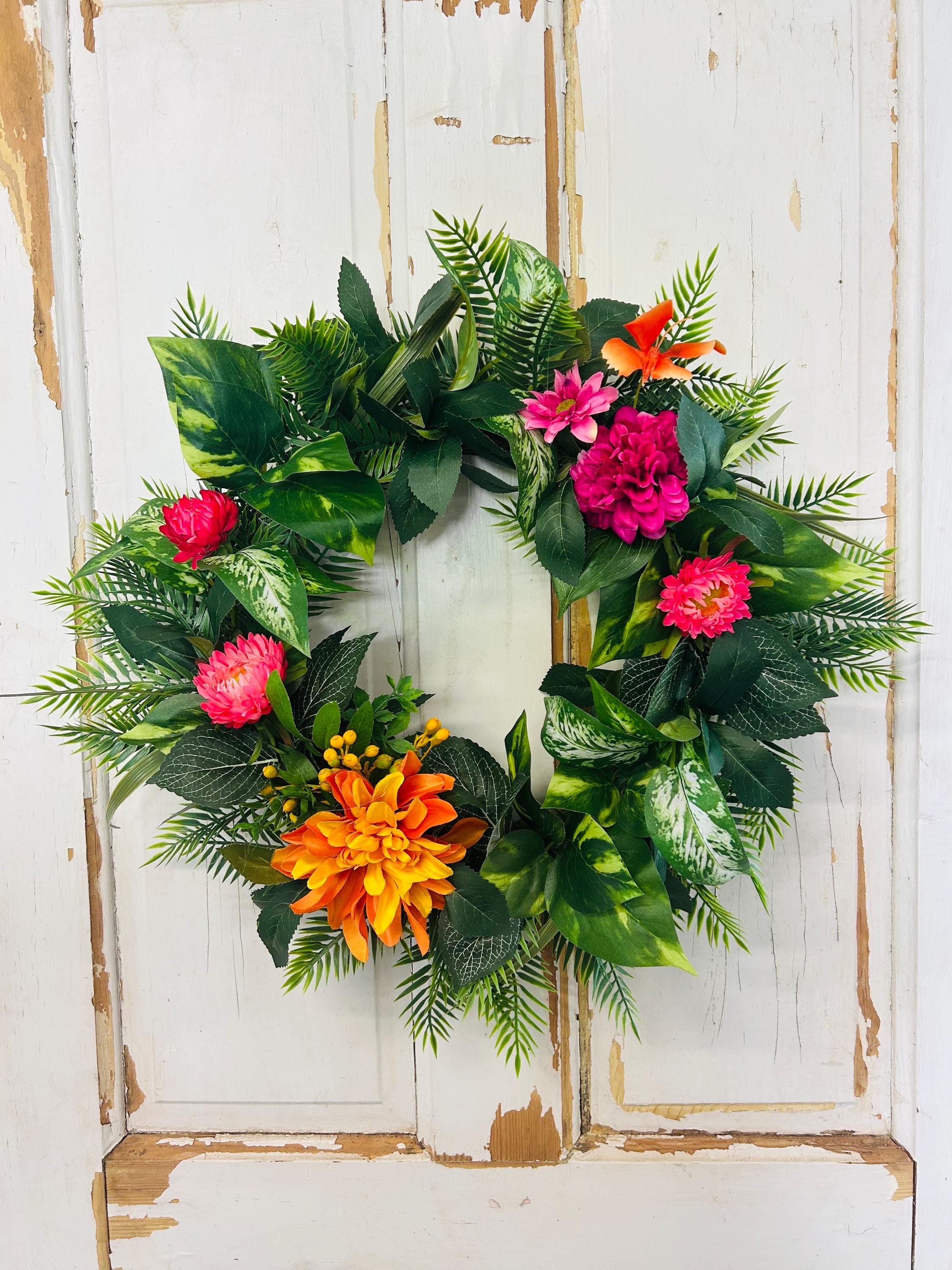 Summer Tropical Wreath, All Season, Front Door Decor, Housewarming gift, Orange and Fuchsia Floral Wreath, Colorful Summer Wreath