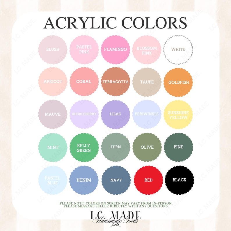 May include: A color chart displaying acrylic paint colors. The chart includes a variety of shades, such as pinks, blues, greens, and yellows, each labeled with its name. The text "ACRYLIC COLORS" is at the top.