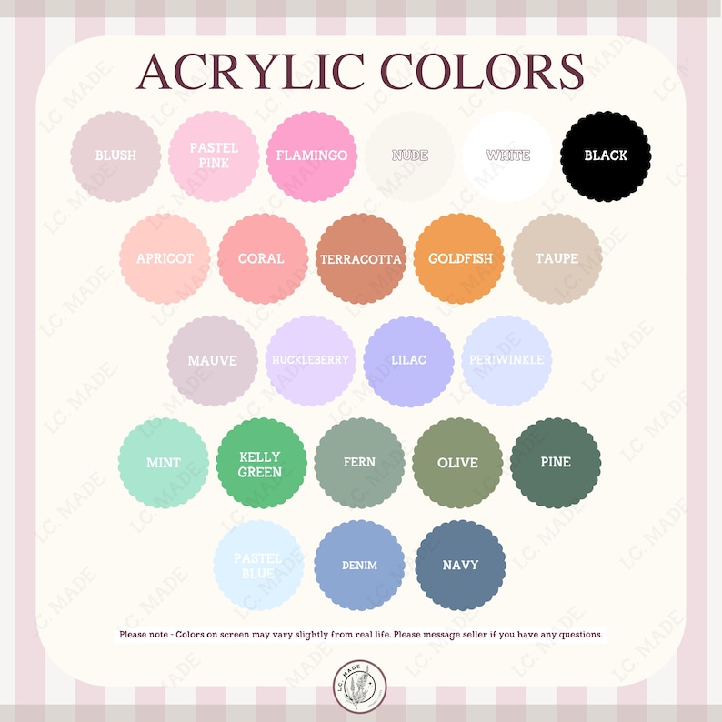 Może przedstawiać: Karta kolor&oacute;w zatytułowana "ACRYLIC COLORS" z r&oacute;żnymi kolorami w okrągłych, karbowanych kształtach. Kolory obejmują Blush, Pastel Pink, Flamingo, Nude, White, Black, Apricot, Coral, Terracotta, Goldfish, Taupe, Mauve, Huckleberry, Lilac, Periwinkle, Mint, Kelly Green, Fern, Olive, Pine, Pastel Blue, Denim i Navy.