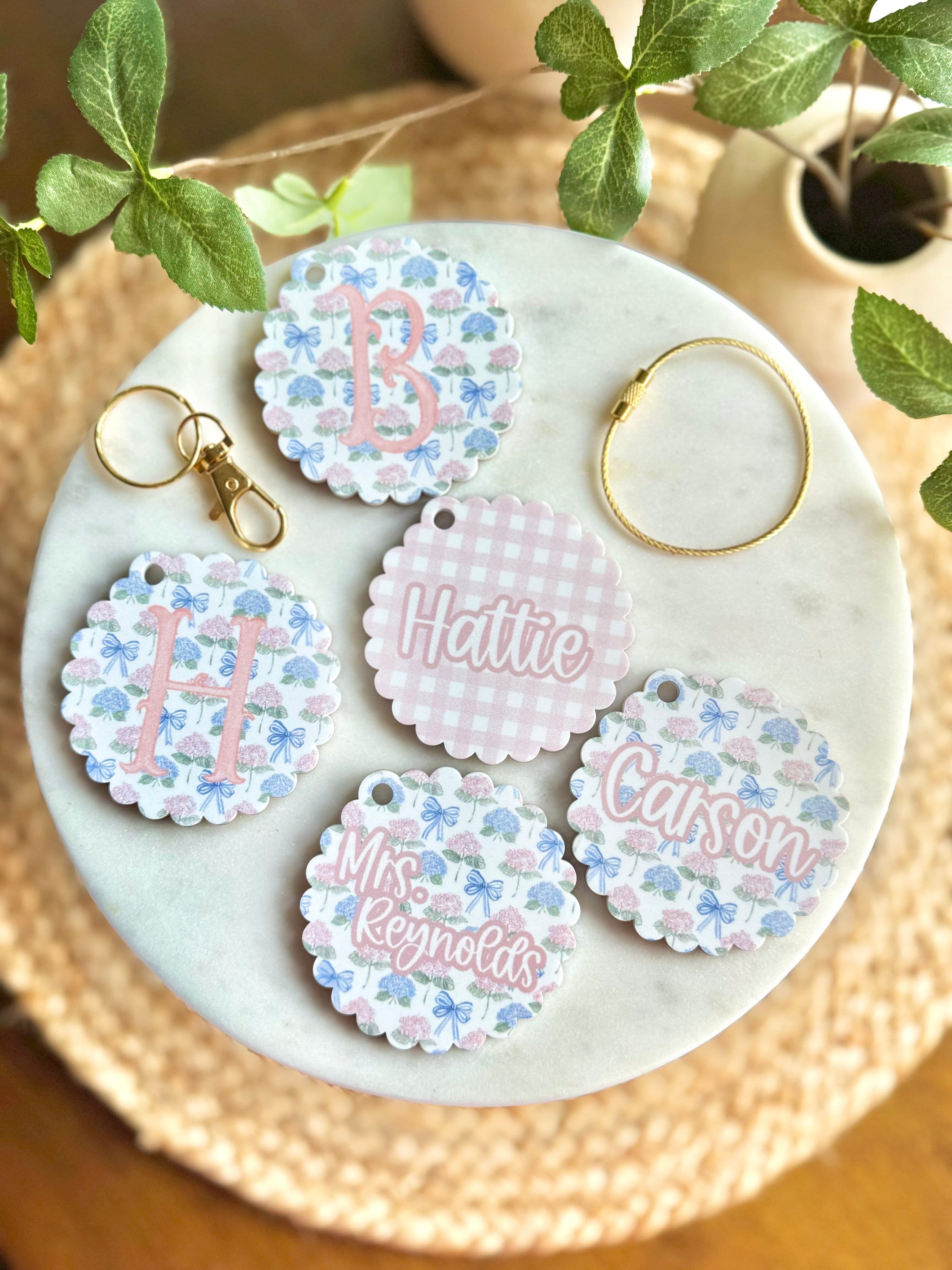 Hydrangea Bow Floral - Grand Millennial Bag Tag, Keychain, Luggage Tag, Diaper Bag Tag, Classic, Watercolor, Backpack Tag, Back To School
