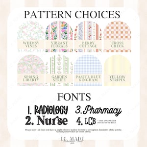 May include: Image showcasing pattern and font options. Pattern choices include floral, gingham, and striped designs. Font options are Radiology, Nurse, Pharmacy, and LCB. Text reads "PATTERN CHOICES" and "FONTS".